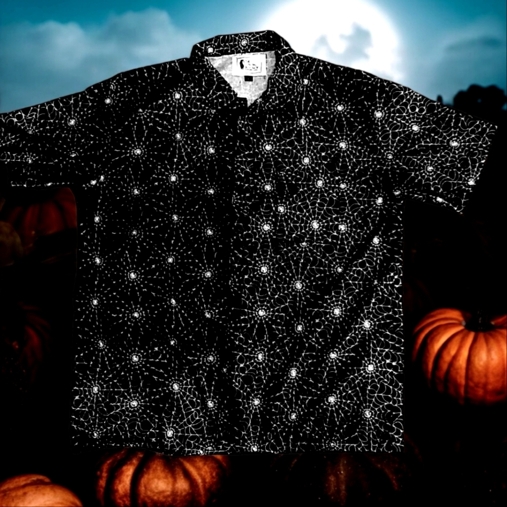 Mens Halloween Inspired Black Button Up Short Sleeve Shirt Spiderweb Design SZ L